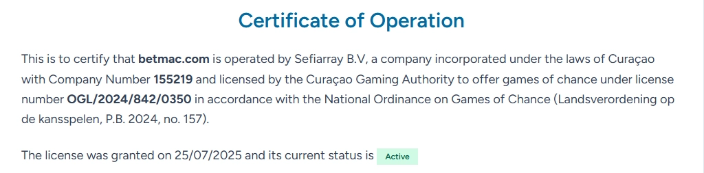 betmac casino certificate